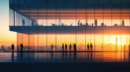 Fototapeta premium Modern office building with sleek glass windows showcasing silhouettes of people inside, standing and walking, set against a city skyline at sunset, capturing urban life and architectural elegance.
