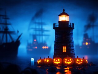 Enchanting Halloween scene with a glowing lighthouse, spooky pumpkins, and ghostly ships in a foggy, mysterious atmosphere.