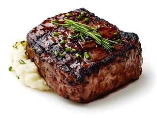 Perfectly Seared Steak with Creamy Mashed Potatoes and Fresh Chives in Realist Oil Painting Style