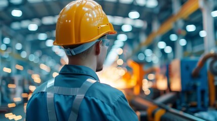 Industrial worker observing machinery in a modern factory setting, showcasing safety gear and a busy manufacturing environment.