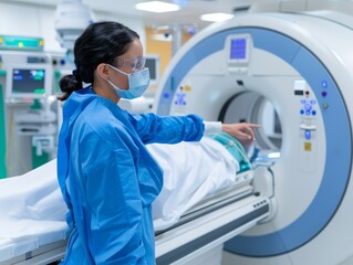 Medical professional operating MRI machine, wearing protective gear, ensuring patient safety in a modern healthcare facility.