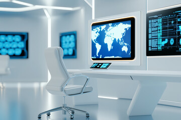 Fototapeta premium A futuristic command center with large screens displaying global maps and data. the empty room. minimal room. white room.