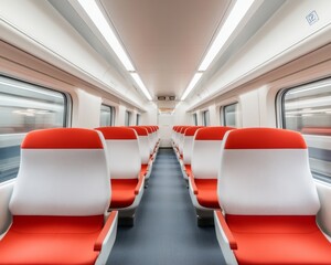 Fototapeta premium Modern train interior with red and white seats, spacious and well-lit, perfect for travel or transportation needs.