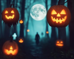 Spooky Halloween scene featuring glowing jack-o'-lanterns in a misty forest under a full moon.