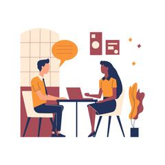 Flat Design Illustration of Man and Woman Sitting While Discussing Talking at Office
