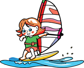 coloring page features a simple drawing of red green with baby girl playing windsurfing vector 