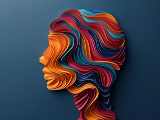 Stylish paper art depiction of a woman's profile, showcasing vibrant colors and flowing shapes, embodying creativity and design.