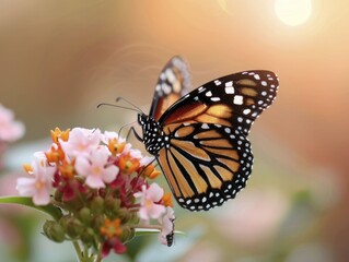 Obraz premium A gorgeous butterfly settles on a bloom, its fragile wings and vivid hues painting a breathtaking picture of nature's artistry.