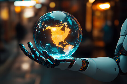 robot holding a glowing holographic world
