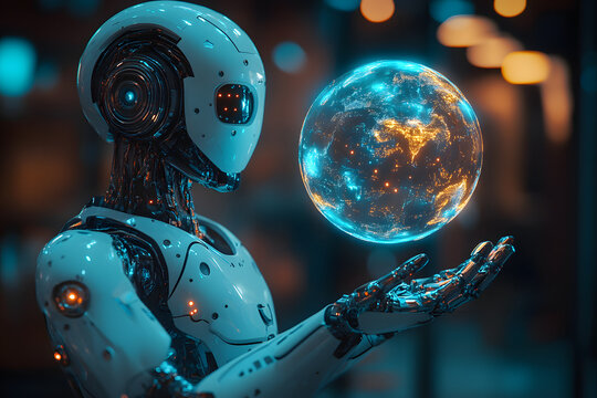 robot holding a glowing holographic world