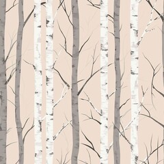 Seamless pattern of pastel birch trees with subtle greys and light beiges