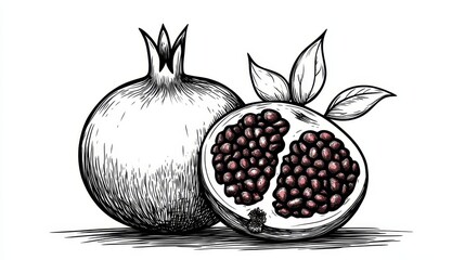 Stylized line art of a pomegranate, half-sliced, minimalist, elegant hand-drawn details, white background
