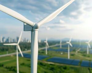 View of modern wind turbine in a green landscape, showcasing renewable energy and sustainable development in a bright setting.