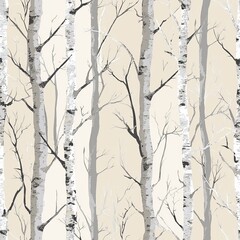 Seamless pattern of pastel birch trees with subtle greys and light beiges