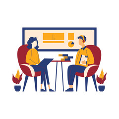 Flat Design Illustration of Man and Woman Sitting While Discussing Talking at Office