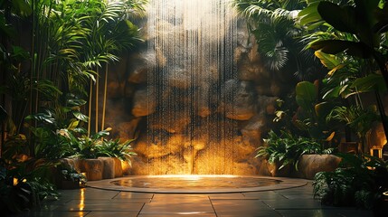 A peaceful scene in a spa with a stone fountain and a bamboo wall