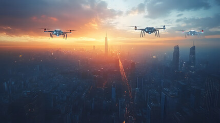 Naklejka premium Futuristic city skyline with AI-powered drones