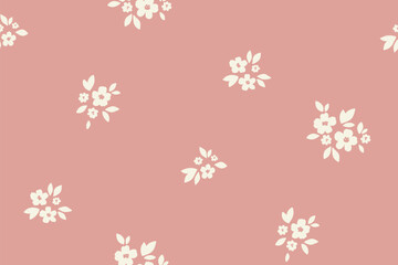 Seamless floral pattern, liberty ditsy print, simple abstract flower ornament. Cute botanical design: small hand drawn flowers, tiny leaves, pretty mini bouquets on pink Two colors vector illustration © Yulya i Kot