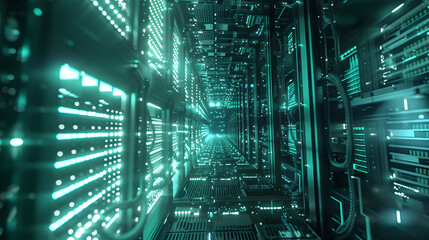 Fototapeta premium Futuristic Server Room 3D Illustration - Glowing Green Lights and Technology