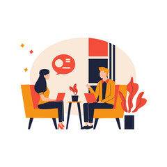 Flat Design Illustration of Man and Woman Sitting While Discussing Talking at Office