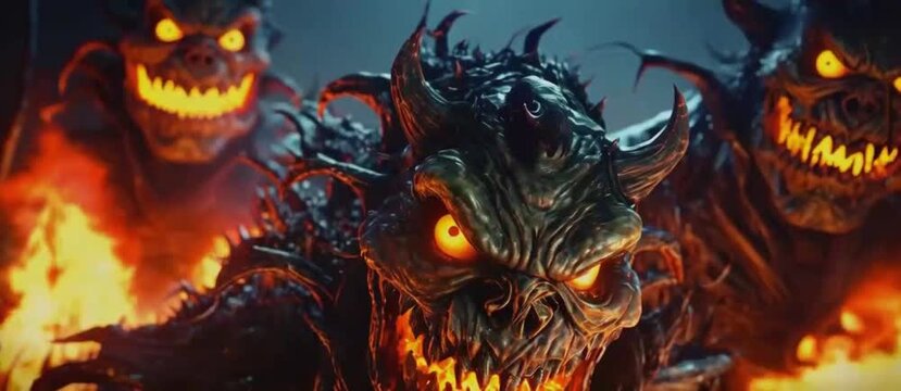 Nightmares scary monsters with evil faces for Halloween computer hellish characters 4k
