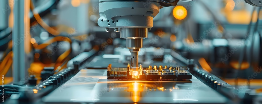 Poster robotic arm assembling electronics with precision in high tech factory
