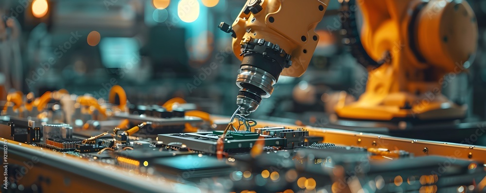 Poster robotic arm assembling electronics with precision in high tech factory