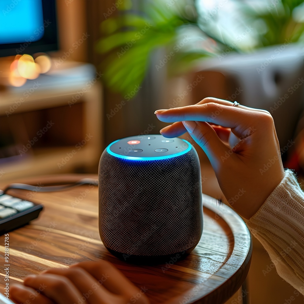 Poster person controlling smart home assistant device with voice commands technology concept