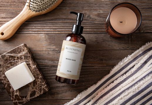Branding Flatlay Pump Bottle Label Mockup