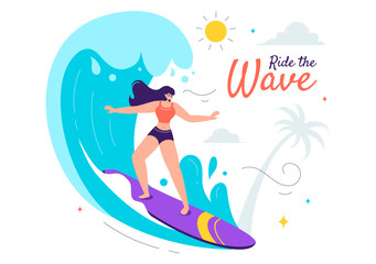 Summer Surfing Vector Illustration of Water Sports Activities, Featuring Surfboards Riding Ocean Waves or Floating in a Flat Style Cartoon Background