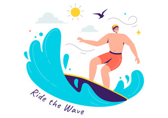 Summer Surfing Vector Illustration of Water Sports Activities, Featuring Surfboards Riding Ocean Waves or Floating in a Flat Style Cartoon Background