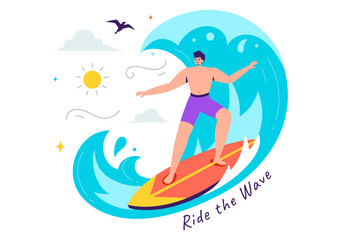 Summer Surfing Vector Illustration of Water Sports Activities, Featuring Surfboards Riding Ocean Waves or Floating in a Flat Style Cartoon Background