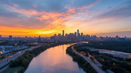 Fototapeta premium City Skyline at Dawn with River and Colorful Clouds.
