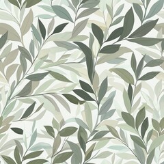 Fototapeta premium Seamless pattern of pastel olive tree leaves with muted greens and soft greys