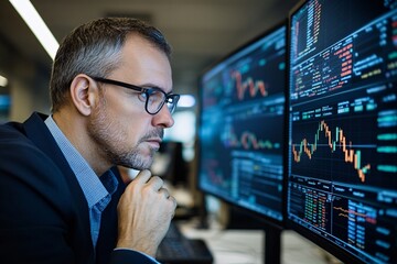 Businessman Analyzing Financial Data on Computer Monitors.