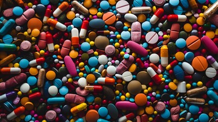 A close up of colorful pills and capsules, scattered on a dark surface.