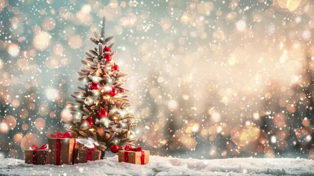 snowy chrismas tree with red ornaments and present