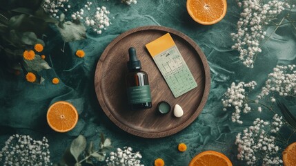 A flat lay of wellness products with citrus and flowers on a textured surface