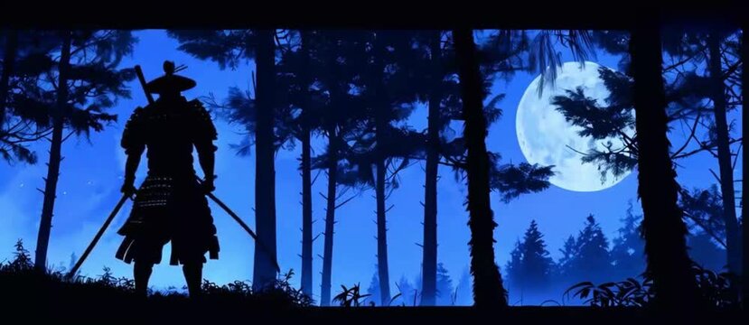 a terrifying Ronin standing in the forest at night. Black silhouette of Japanese samurai warrior against forest at night
