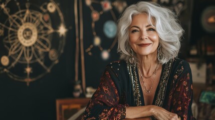 A stylish senior astrology influencer poses confidently in a cozy space with astrological decor during a relaxed afternoon