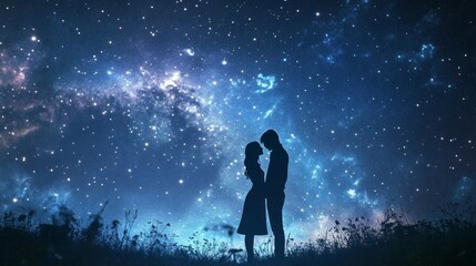 Fototapeta premium A romantic couple embraces under a starlit astrology sky in a tranquil field at night