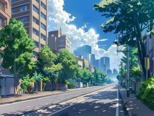 anime background illsutration, atmosphere of a empty street in the middle of a beautiful city
