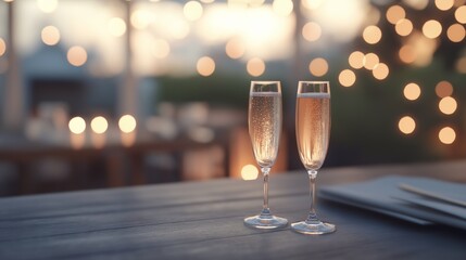 Two champagne flutes on a rustic wooden table with twinkling lights in the background during a festive evening gathering.