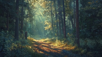 Fototapeta premium Sunbeams Illuminating a Path Through a Lush Forest