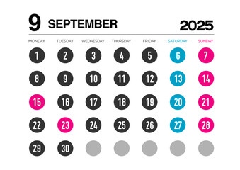 2025年の9月のカレンダー月曜始まり