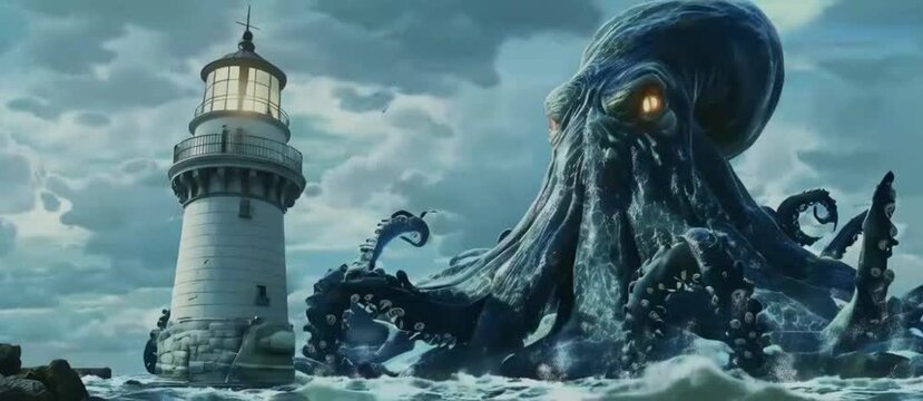 kraken monster attacks the lighthouse, seamless looping time lapse virtual 4k video animation background.
