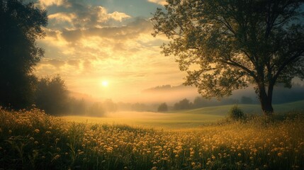 Fototapeta premium The first light of dawn casting a gentle glow over a serene landscape, capturing the essence of faith and renewal