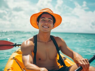 Asian man having a joyful time kayaking during an adventurous tropical beach vacation