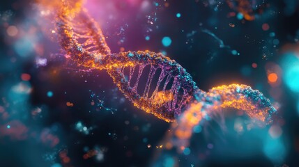 Vibrant light patterns around genetic structures, with space available for text addition