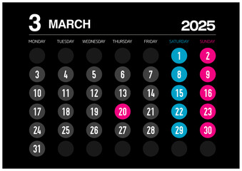 2025年の3月のカレンダー月曜始まり